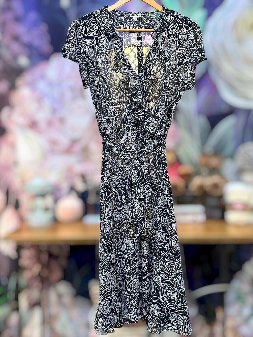 J.B.S. Ltd 10 Dark Romantic Artsy Sheer Dress Rose Ruffle Tie Waist Black